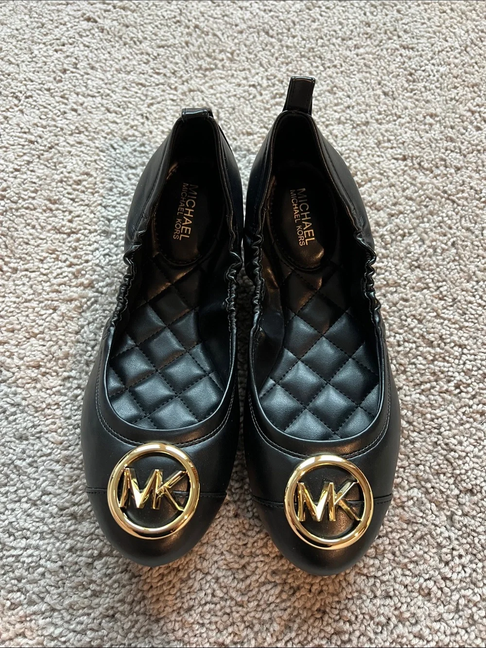 Michael Kors Black Quilted Leather Ballet Flats with Gold MK Medallion